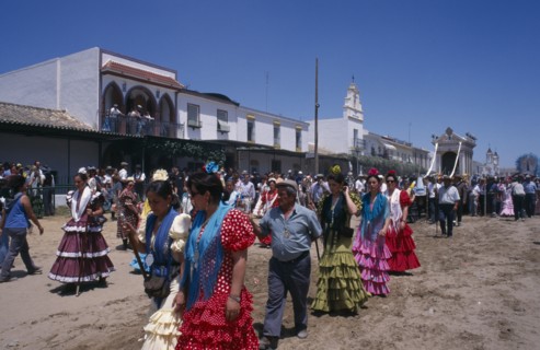 SPAIN, Andalucia, Huelva, El Rocio.  Annual pilgrimage to visit statue of the Virgin in Iglesia de