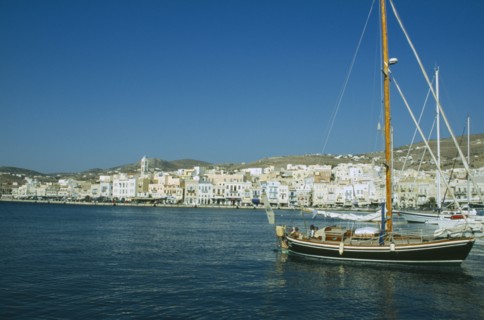 GREECE, Cyclades Islands, Syros, Ermoupolis. Sailing boats in the port with view of the seaside