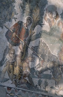 ITALY, Sicily, Enna, Piazza Armerina. Villa Romana del Casale. Detail of Roman Mosaic depicting