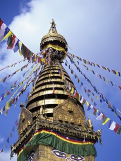 NEPAL, Kathmandu, Swayambhunath Stupa with Buddhas Eyes - 5 different shaped layers representing