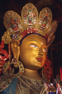 INDIA, Ladakh, Thikse Gompa, Maitreya Buddha the centrepiece of the monastery's newest temple is a