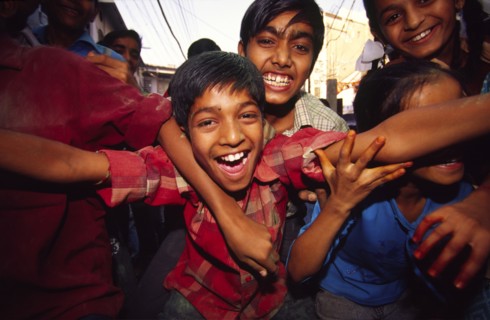 INDIA, Rajasthan, Udaipur, "Children celebrating Dussehra festival the ten day Dussehra festival is