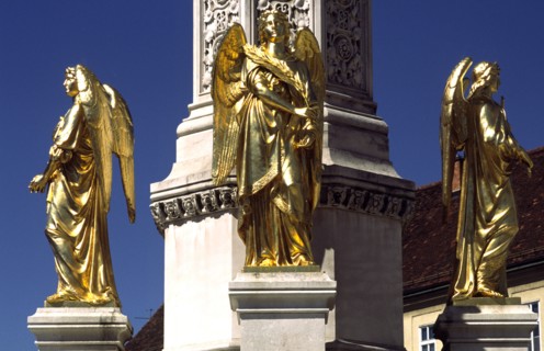 CROATIA, Zagreb, Cathedral statues of angels. Outside the cathedral stands Antun Fernkorn's gilded