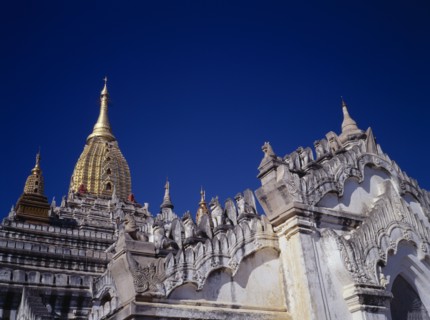 MYANMAR, Bagan, Part view of exterior of Ananda Pahto in old ruined city.  The first of Bagan’s