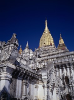 MYANMAR, Bagan, Part view of exterior of Ananda Pahto in old ruined city.  The first of Bagan’s