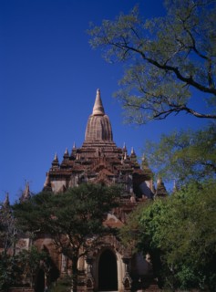 MYANMAR, Bagan, Shwegugyi Pahto or Great Golden Cave in old city.  Exterior framed by trees showing