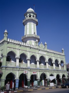 MYANMAR, Maymyo, Pale green and white painted exterior of mosque on Lashio Road with central