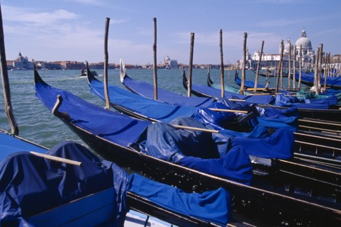 ITALY, Veneto, Venice, Line of gondolas moored at Piazza San Marco jetty with Santa Maria della