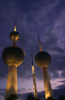 KUWAIT, Kuwait City, Kuwait Towers at dusk.