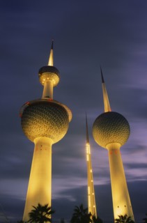 KUWAIT, Kuwait City, Kuwait Towers at dusk.