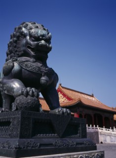 CHINA, Beijing, Forbidden City.  Detail of lion statue.