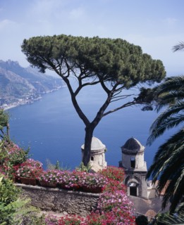 ITALY, Campania, Ravello, "Villa Rufolo, view from gardens over bay towards Maiori, Salerno with