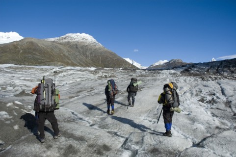 CHILE, Southern Patagonia, O'Higgins region , Mountaineers crossing Glacier Chico in the O'Higgins