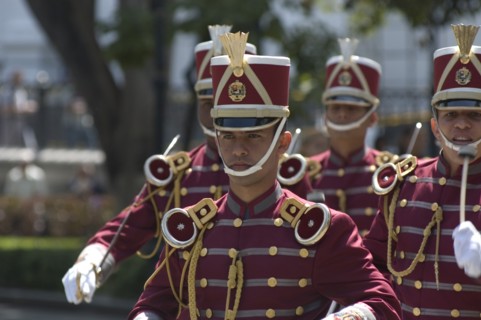 VENEZUELA, Caracas , "Ceremonial soldiers in parade dress, Plaza Bolivar."