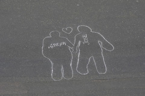 VENEZUELA, Caracas, Chalk outlines with the names of participants in an event on Avenida Francisco