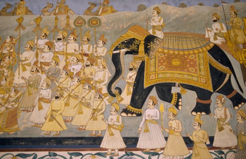 INDIA, Rajasthan, Jodhpur, Detail of painting depicting the use of elephants in battle in