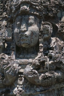 HONDURAS, Copan, Detail of Stela H (AD 730) depicting King 18 Rabbit in the Great Plaza of ancient