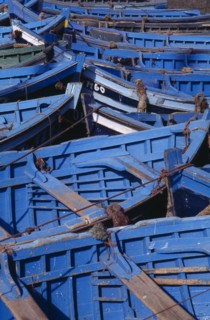 MOROCCO, Essaouira, Prows of blue and green fishing boats moored closely together.
