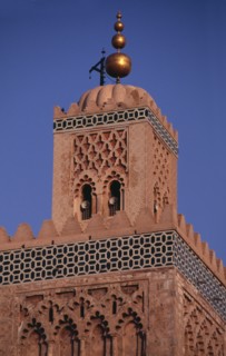MOROCCO, Marrakech, Koutoubia Mosque.  Part view of minaret. Marrakesh Moslem Marrakech Muslim