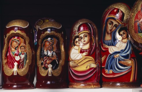 HUNGARY, Budapest, Matryoshka dolls painted with religious icons. Eastern Europe