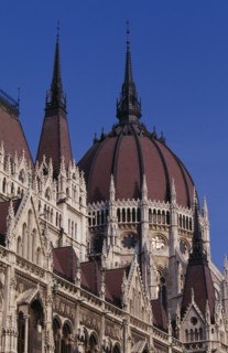 HUNGARY, Budapest, Part view of domed roof and exterior facade of Parliament building. Eastern