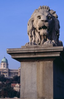 HUNGARY, Budapest, Stone statue of lion on Chain Bridge. Eastern Europe