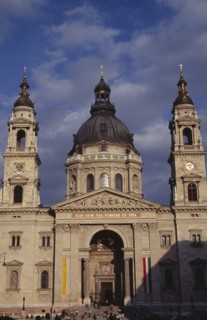 HUNGARY, Budapest, Basilica of St Stephen.  Exterior facade with domed roof and twin bell towers.