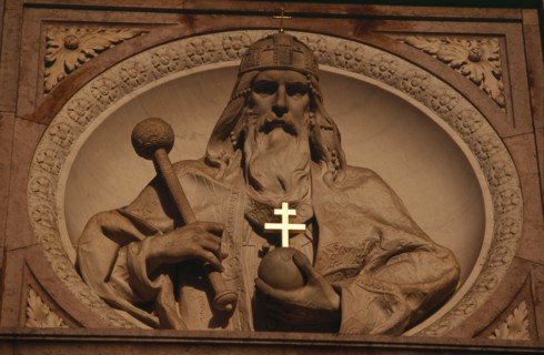 HUNGARY, Budapest, Basilica of St Stephen.  Detail of relief carving above entrance doorway.