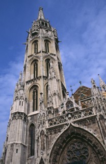 HUNGARY, Budapest, Castle Hill.  Matyas Church  part view of exterior and spire. Eastern Europe