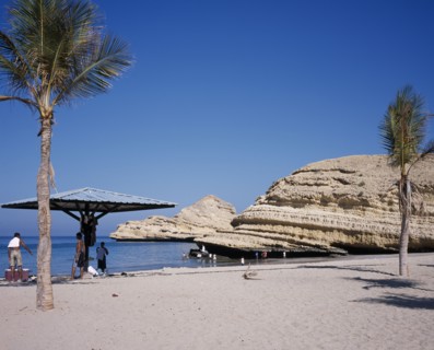 OMAN, Muscat, "Bandar Jissah beach near Al-Bustan Hotel just outside the capital city.  People at