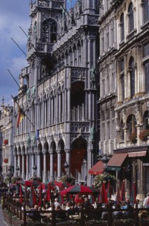 BELGIUM, Brabant, Brussels, Grand Place.  Maison du Roi.  Angled view of exterior with busy outside