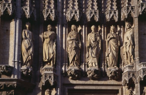 BELGIUM, Brabant, Brussels, Grand Place.  Hotel de Ville  detail of facade decorated with statues