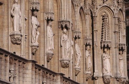 BELGIUM, Brabant, Brussels, Grand Place.  Hotel de Ville  detail of facade decorated with statues