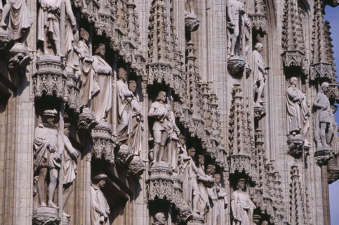 BELGIUM, Brabant, Brussels, Grand Place.  Hotel de Ville  detail of facade decorated with statues