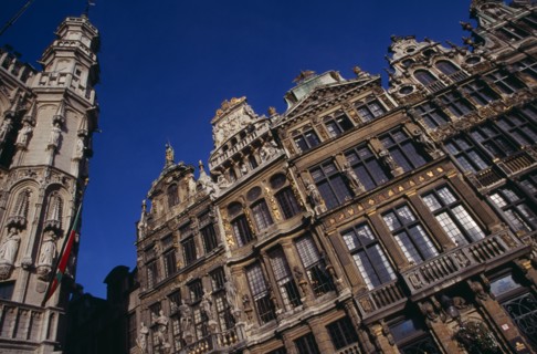 BELGIUM, Brabant, Brussels, Grand Place. Decorated facades of guild houses in the market square.