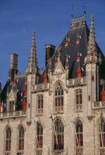 BELGIUM, West Flanders, Bruges, The Markt (Market Place). Exterior facade of old town building with