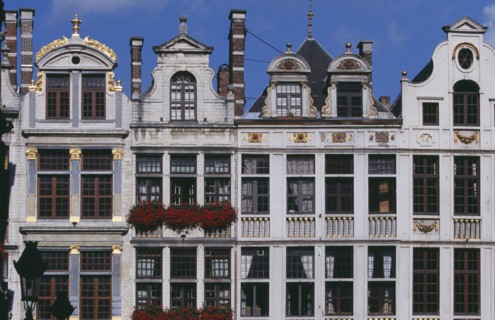 BELGIUM, Brabant, Brussels, Part view of building facades with gable rooftops and gilded decoration