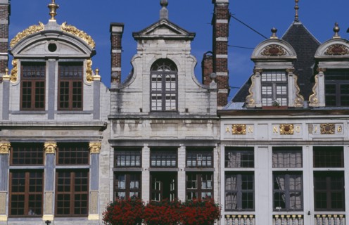 BELGIUM, Brabant, Brussels, Part view of building facades with gable rooftops and gilded decoration