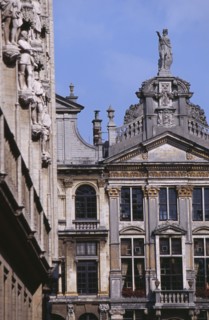 BELGIUM, Brabant, Brussels, Part view of facades of guild houses in Grand Place with gable rooftops