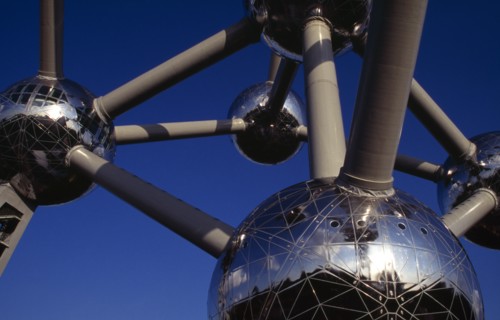 BELGIUM, Brabant, Brussels, The Atomium.  Looking up through frame of structure.