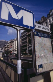 BELGIUM, Brabant, Brussels, Metro sign at subway entrance with attached poster of missing cat and