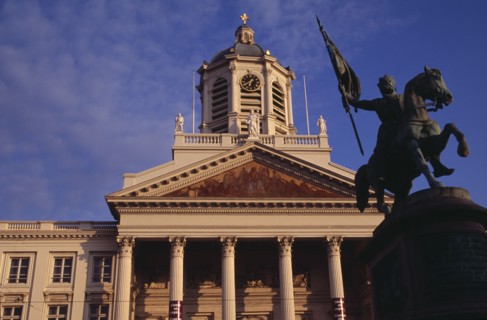 BELGIUM, Brabant, Brussels, Royal Square.  Exterior facade of Church of Saint James with equestrian