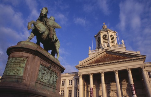 BELGIUM, Brabant, Brussels, Royal Square.  Exterior facade of Church of Saint James with equestrian