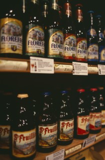 BELGIUM, Brabant, Brussels, Display of traditional Belgian beers for sale.