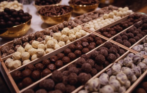 BELGIUM, Brabant, Brussels, Display of Belgian chocolates.