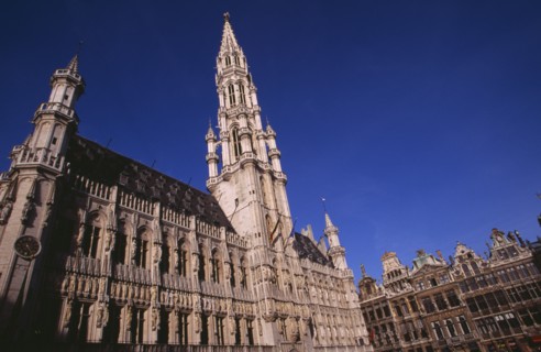 BELGIUM, Brabant, Brussels, The Grand Place.  Hotel de Ville.  Angled view of exterior facade