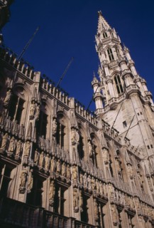 BELGIUM, Brabant, Brussels, The Grand Place.  Hotel de Ville.  Angled view of exterior facade