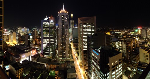 Australia, New South Wales, Sydney, Panorama of Pitt Street By Night