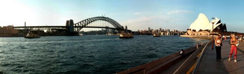 Australia, New South Wales, Sydney, Panorama Of Sydney Opera House And Harbour Bridge At Sunset