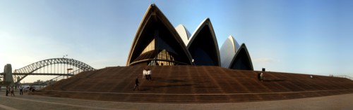 Australia, New South Wales, Sydney, Panorama Of Sydney Opera House And Harbour Bridge At Sunset
